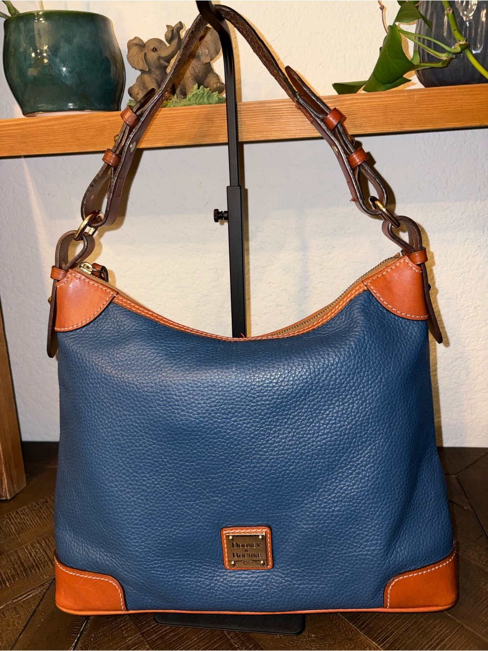 Dooney & Bourke Pebbled Leather Hobo Shoulder Bag – Blue with British Tan Trim